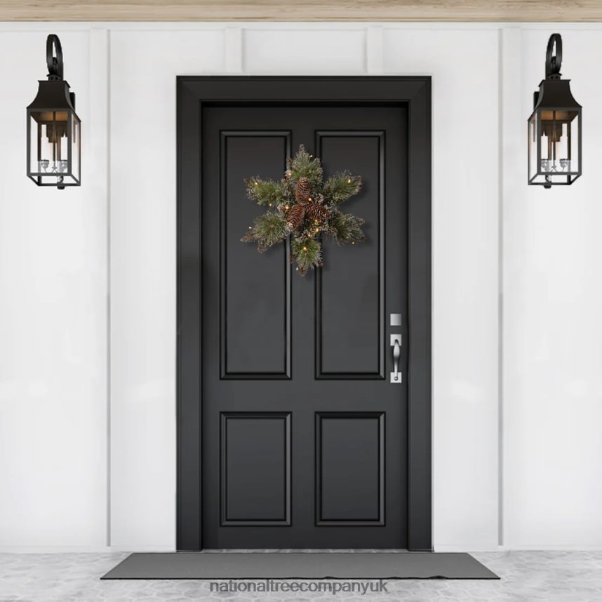 Greenery | National Tree Company Pre-Lit Artificial Christmas Star Wreath Green Glittery Bristle Pine White Lights Decorated with Pine Cones Frosted Branches Christmas Collection 14 Inches F2L4